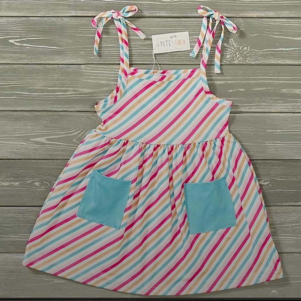 Pete + Lucy Blue & Yellow Striped Dress Top, with front pockets, Size 6.